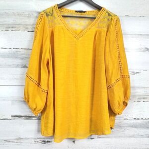ZAC‎ & RACHEL WOMAN Yellow Embroidered Lace Yoke V Neck 3/4 Slv Blouse Top 2X